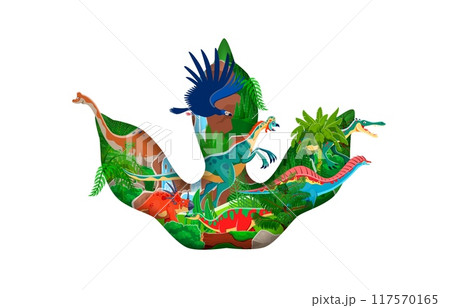 Prehistoric dinosaur footprint paper cut banner with cartoon dino animal characters and jurassic jungle forest. Vector 3d origami dinosaur footprint frame with styracosaurus, oviraptor and suchomimus 117570165