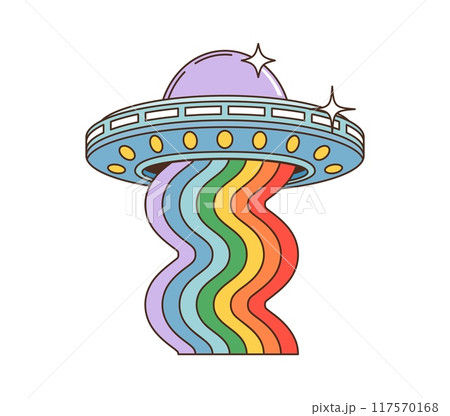 Cartoon groovy space UFO or alien saucer with rainbow, vector 70s retro hippie art. Groovy alien UFO spaceship with psychedelic rainbow flow and stars in galaxy space for funky disco or rave music Cartoon groovy space UFO or alien saucer with rainbow, vector 70s retro hippie art. Groovy alien UFO spaceship with psychedelic rainbow flow and stars in galaxy space for funky disco or rave music 117570168