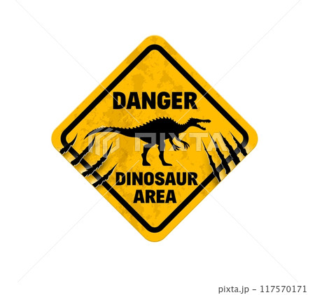 Dinosaur warning sign, danger Spinosaurus silhouette on attention mark, vector caution banner. Danger zone and dinosaur area yellow sign with dinosaur claw scratch fissures on warning grunge signboard Dinosaur warning sign, danger Spinosaurus silhouette on attention mark, vector caution banner. Danger zone and dinosaur area yellow sign with dinosaur claw scratch fissures on warning grunge signboard 117570171