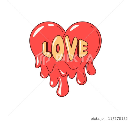 Retro y2k groovy love heart. Cartoon red melting hippie heart with drips in nostalgic psychedelic style of 60s. Isolated vector symbol of Valentines day, drug trip, love, romantic vibes or passion 117570183