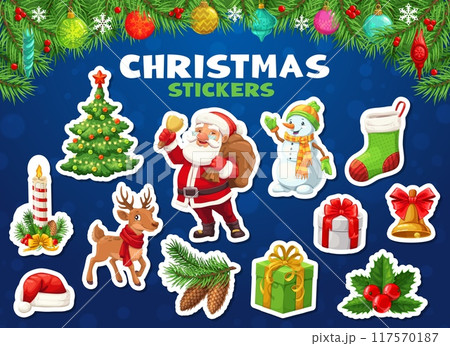 Cartoon Christmas character stickers pack. Merry Xmas and New Year winter holidays vector personages of happy Santa Claus with gifts and Christmas tree. Cute snowman, reindeer, holly and red hat Cartoon Christmas character stickers pack. Merry Xmas and New Year winter holidays vector personages of happy Santa Claus with gifts and Christmas tree. Cute snowman, reindeer, holly and red hat 117570187