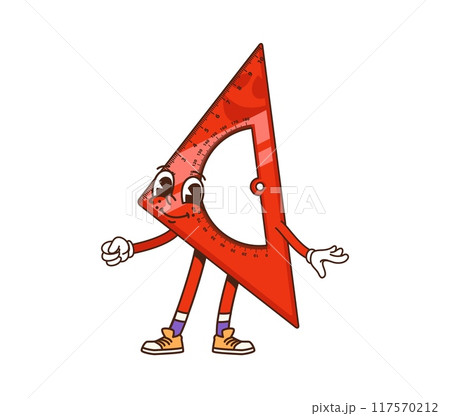 Cartoon groovy school ruler character. Isolated vector retro protractor tool, nostalgic, old-school, classroom personage with smiling face. Educational measuring item for learning geometry or math Cartoon groovy school ruler character. Isolated vector retro protractor tool, nostalgic, old-school, classroom personage with smiling face. Educational measuring item for learning geometry or math 117570212
