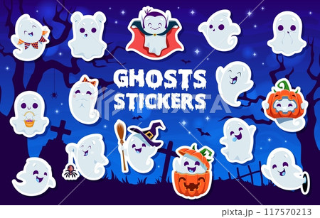 Cute Halloween kawaii ghost stickers of funny boo for horror night holiday, cartoon vector. Halloween ghost stickers with funny smiling vampire Dracula, ghost in witch hat in spooky pumpkin and spider 117570213
