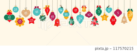 Christmas bauble advent calendar holiday garland. Isolated cartoon vector festive winter countdown decor with colorful xmas toys, hanging on string, represent days lead to seasonal event celebration Christmas bauble advent calendar holiday garland. Isolated cartoon vector festive winter countdown decor with colorful xmas toys, hanging on string, represent days lead to seasonal event celebration 117570215