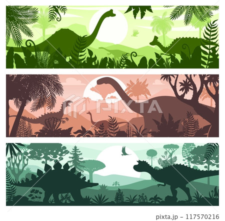 Prehistoric dinosaurs silhouettes in tropical forest. Vector horizontal banners feature dino species roaming and flying at lush prehistoric era landscape with varied plants at jungle sunset background 117570216