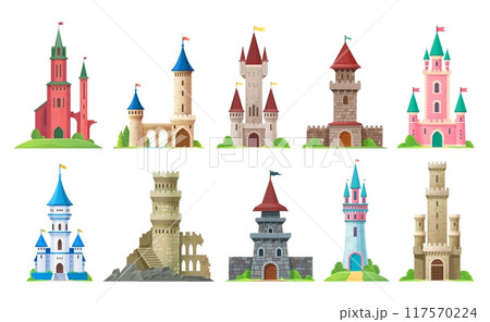 Cartoon castle, kingdom palace and fairytale fortress set with towers and flags. Vector buildings of fairy tale princess palace, king castle and knight fortress or citadel with color stone walls Cartoon castle, kingdom palace and fairytale fortress set with towers and flags. Vector buildings of fairy tale princess palace, king castle and knight fortress or citadel with color stone walls 117570224