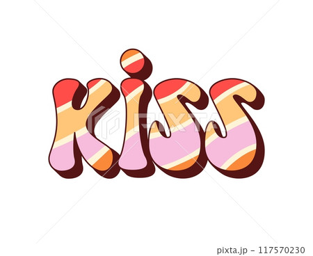 Retro y2k groovy Kiss vector typography lettering. Vintage rainbow color font of psychedelic funky hippie text. Groovy colorful Kiss word with geometric striped pattern typeface, hippy print 117570230