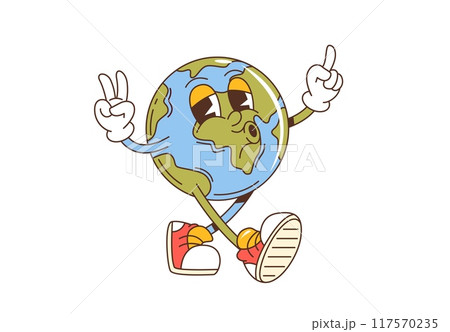 Retro groovy earth planet or cartoon space character with funky funny face, vector 70s comic art. Groovy earth planet with happy smiling face, peace gesture sign and whistling melody for emoji 117570235