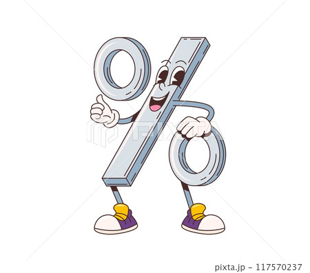 Cartoon retro groovy percent sign character with funky face, vector comic art. 70s hippie or groovy retro cartoon mathematic sign of percent with happy smile and thumb up for freaky math emoji 117570237
