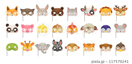 Animal masks for carnival party or birthday festival costume, vector cartoon zoo faces. Funny animal muzzle masks on stick for kids birthday or masquerade event and carnival costume props Animal masks for carnival party or birthday festival costume, vector cartoon zoo faces. Funny animal muzzle masks on stick for kids birthday or masquerade event and carnival costume props 117570241