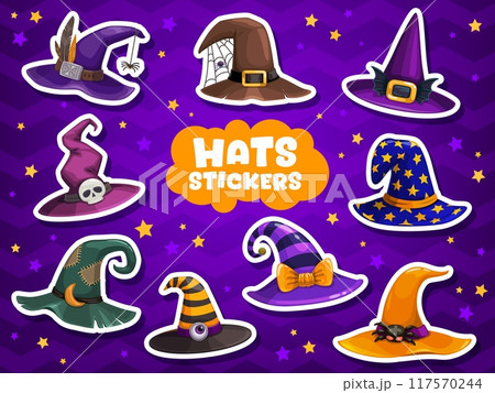 Cartoon Halloween witch hat stickers for horror night holiday, vector icons. Halloween stickers of witch hats with skull buckle, spider in spiderweb and bats, stars and monster eye in patches pattern 117570244