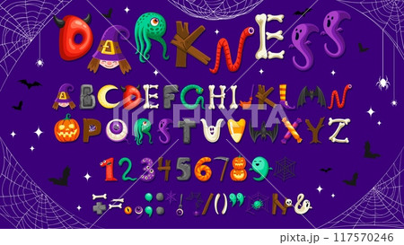 Cartoon Halloween font, holiday scary type with spooky typeface alphabet, vector English letters. Halloween holiday font of spooky characters in letters with boo ghost, witch and zombie in spiderweb 117570246
