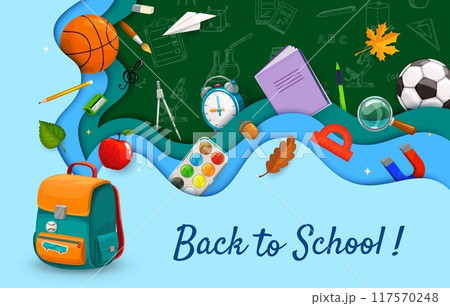 School paper cut banner with chalkboard and stationery or education supplies, vector background. Back to school banner with student school bag, pens and pencils with watercolors and ruler in paper cut School paper cut banner with chalkboard and stationery or education supplies, vector background. Back to school banner with student school bag, pens and pencils with watercolors and ruler in paper cut 117570248