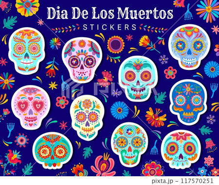 Mexican Day of the Dead calavera sugar skull stickers, vector icons. Dia de Los Muertos or Mexican holiday stickers, calavera skull in ethnic floral ornament with marigold flowers for Day of the Dead 117570251