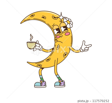 Cartoon groovy moon character with happy funky face, vector retro space planet comic art. Funny groovy crescent moon with tea and daisy flowers whistling nigh lullaby, cartoon 70s hippie character 117570252