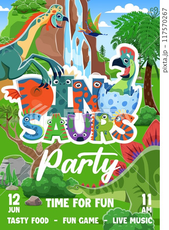 Cartoon prehistoric dinosaurs, kids party flyer with funny dino characters. Vector holiday invitation poster template with cute cartoon mother and baby oviraptor reptile hatching from the eggshell Cartoon prehistoric dinosaurs, kids party flyer with funny dino characters. Vector holiday invitation poster template with cute cartoon mother and baby oviraptor reptile hatching from the eggshell 117570267