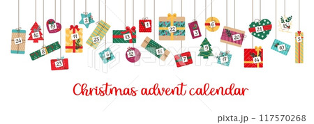 Christmas advent calendar gift boxes, holiday garland. Vector countdown calendar with cartoon presents hanging on ribbons with number tags, Xmas tree, Christmas winter holiday ornaments and bows 117570268