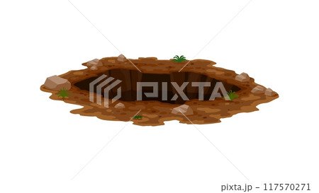 Dirty pit and burrow, deep ground hole. Isolated cartoon vector muddy break, split or dig with uneven edges and stones. Natural gap in garden or forest, surrounded by patches of dirt and small plants Dirty pit and burrow, deep ground hole. Isolated cartoon vector muddy break, split or dig with uneven edges and stones. Natural gap in garden or forest, surrounded by patches of dirt and small plants 117570271