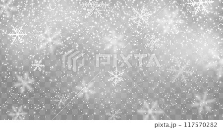 Realistic snowfall effect with snowflakes on transparent background. Christmas winter snow flakes descending from the sky, reflects serene artistry of nature in its fleeting journey to the ground 117570282