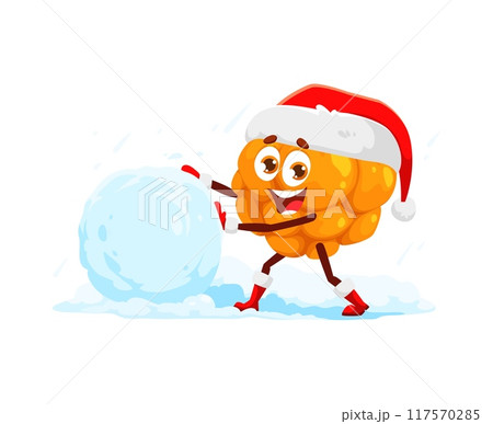Cartoon Christmas cloudberry berry character enjoys outdoors holiday activities. Isolated vector juicy personage adorned in Santa Claus hat and gloves, rolling snowballs for making snowman on street 117570285