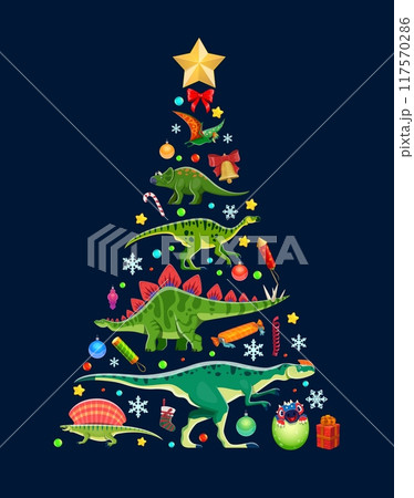 Christmas dinosaurs tree decorated with cartoon dino species, ornaments, festive stars, bells, ribbons, petards and candy canes. Vibrant and playful vector holiday tree with fun prehistoric animals Christmas dinosaurs tree decorated with cartoon dino species, ornaments, festive stars, bells, ribbons, petards and candy canes. Vibrant and playful vector holiday tree with fun prehistoric animals 117570286