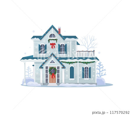 Christmas winter house facade exterior glistening with icicles. Isolated vector home welcomes with twinkling lights and a snowy roof, evoking warmth and holiday cheer amid the serene winter landscape 117570292