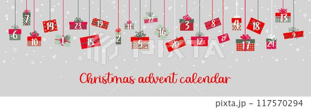 Christmas advent calendar with gift boxes garland for winter holiday, vector background. Christmas advent calendar with December days and present gifts with ribbons in wrapper with snowflakes ornament 117570294