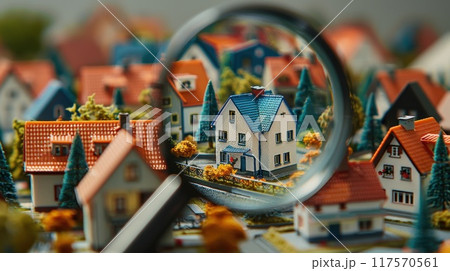 Miniature houses and a magnifying glass focusing on one, illustrating real estate concept. High quality illustration 117570561
