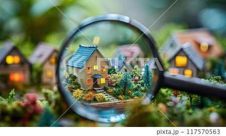 Miniature houses and a magnifying glass focusing on one, illustrating real estate concept. High quality illustration 117570563