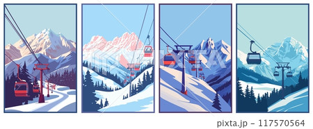 Ski resort landscape posters set. Snowy peaks of mountains. Ski elevators. Winter sport travel adventure and holidays concept. Flat cartoon minimalism vector illustration 117570564