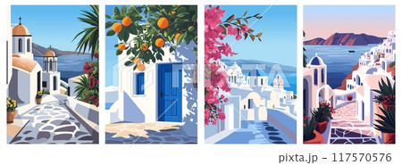 Santorini landscape posters set. Greek island. Pink local flowers tree. Blue door branch of oranges tipical buildings clear skies. Travel holidays tourism concept. Cartoon flat minimalism vector 117570576
