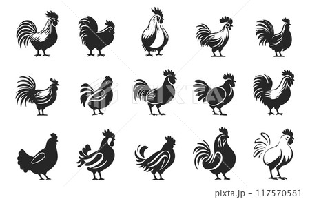 Rooster icons set. Chicken. Farm domestic bird. Energy, optimism, and early rising symbol. Fortune, courage, pride. Design element for projects. Simple black and white flat style isolated vector 117570581