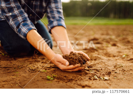 Close-up of a farmer's strong hands on a black field. Concept of gardening, ecology. Close-up of a farmer's strong hands on a black field. Concept of gardening, ecology. 117570661