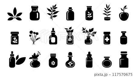 Herbal medicine icons set. Nature health symbols of alternative medicine natural cosmetics. Jars test tubes with leaves and herbs. Simple black and white flat style isolated vector clipart collection 117570675