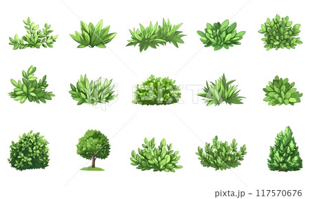 Green bushes set. Green shrubs shrubbery tree. Garden plants. Decorative eco elements for park landscape design botanical nature decor. Cartoon style isolated vector clipart collection 117570676