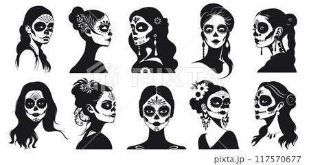 Girl portraites set painted for day of the dead. Front and side view of a young woman face with Katrina makeup. Silhouette tatoo style. Isolated vector clipart collection 117570677
