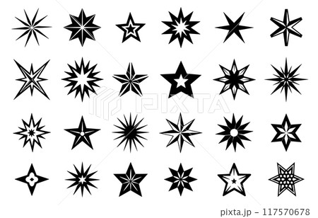 Geometric stars icons set. Sparkles star shapes abstract shine effect silhouette. Twinkle shining magic symbols. Graphic decorative elements. Simple black and white flat style isolated vector clipart 117570678