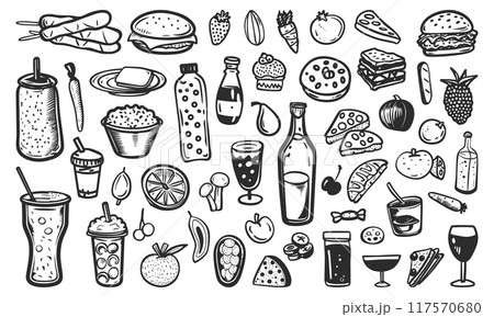 Food and drinks black and white simple doodle set. Variouse cuisine menu decoration cooking recipes elements. Simple stylized forms. Outlined isolated vector clipart collection on white background 117570680