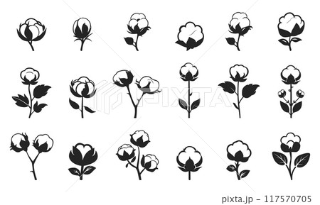 Cotton icons set. Monochrome stylized cotton flowers. Organic fluffy boll plant. Clothing decorative elements packaging fabric label. Black and white isolated vector clipart collection 117570705