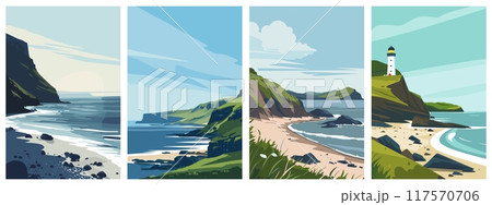 Coastal Scotland landscape posters set. Sea view, 117570706