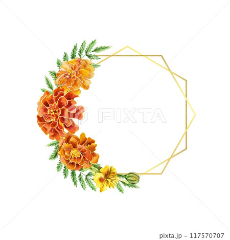 Marigolds watercolor golden frame for text. Hand drawn illustration isolated. For Birthday cards, Diwali, day of the dead, wedding invitations, labels 117570707