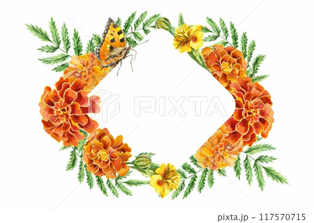 Marigolds watercolor frame. Horizontal template for text. Hand drawn illustration isolated. For Birthday cards, Diwali, day of the dead, invitations. 117570715