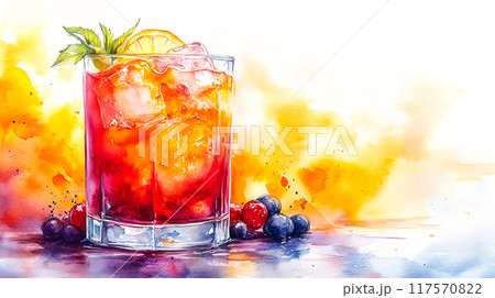 Tropical Dreams - Colorful Watercolor Illustration of Refreshing Cocktail with Vibrant Brushstrokes Tropical Dreams - Colorful Watercolor Illustration of Refreshing Cocktail with Vibrant Brushstrokes 117570822