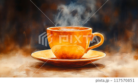 Aromatic Morning Brew: Watercolor Illustration of Steaming Cup of Coffee in Rich Brown Hues Aromatic Morning Brew: Watercolor Illustration of Steaming Cup of Coffee in Rich Brown Hues 117570851