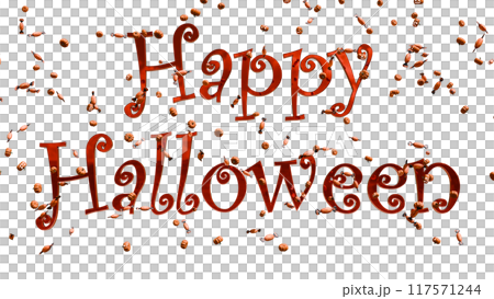 Text Happy Halloween among pumpkins and candies. Transparent Background. 117571244