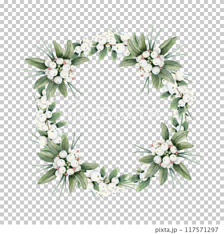 Christmas snowberry wreath with branches and white berries watercolor isolated illustration. Hand drawn round frame with winter plant, botanical clipart for holiday season and New Year Christmas snowberry wreath with branches and white berries watercolor isolated illustration. Hand drawn round frame with winter plant, botanical clipart for holiday season and New Year 117571297