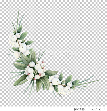 Watercolor snowberry corner composition with branches and white berries watercolor isolated illustration template. Hand drawn Christmas plant botanical clipart for winter holidays and New Year Watercolor snowberry corner composition with branches and white berries watercolor isolated illustration template. Hand drawn Christmas plant botanical clipart for winter holidays and New Year 117571298