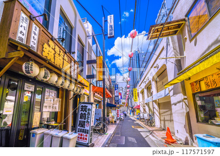 日本の東京都市景観 8月。三軒茶屋駅すぐの飲み屋街「すずらん通」などを望む 117571597