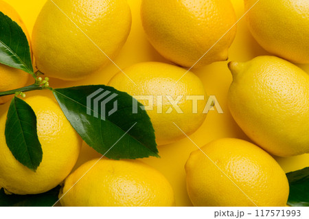 Many fresh ripe lemons as colored background,...の写真素材 [117571993] - PIXTA
