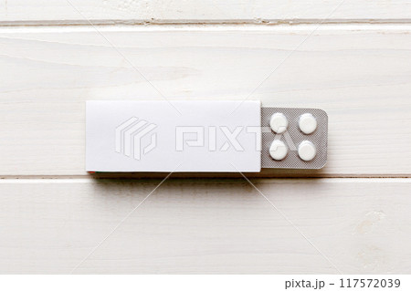 Blank White Product Package Box Mock-up. Open blank medicine drug box with blister top view 117572039
